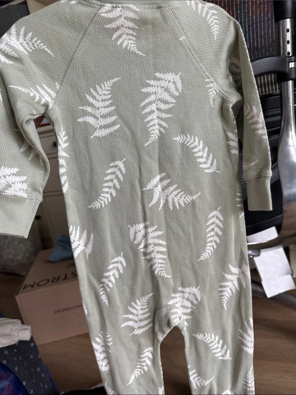 Button-Front Sage Green Fern Print Footed One-Piece